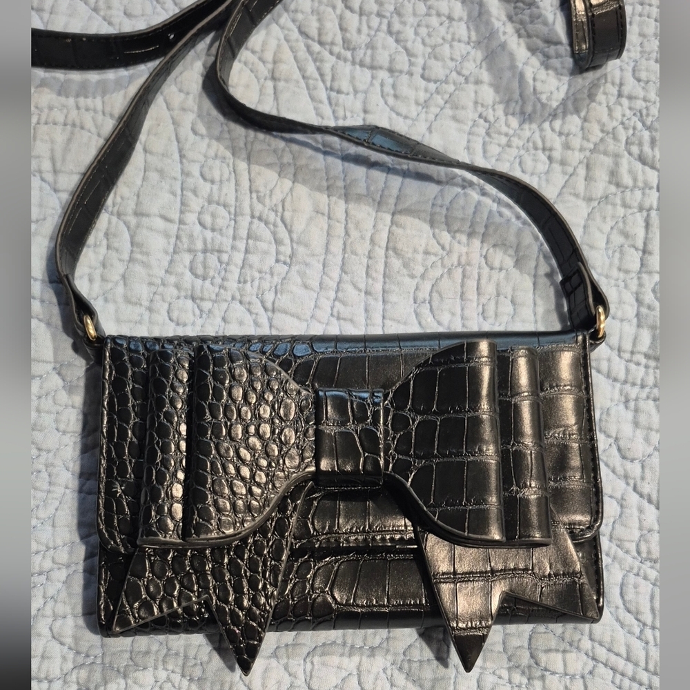 Betsey Johnson Black Croc-Patterned Wristlet